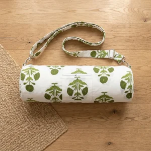 White Green Quilted Cotton Yoga Mat Bag Handmade Floral Shoulder Sling Carrier Jaipur India