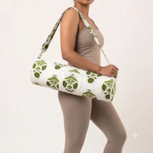 White Green Quilted Cotton Yoga Mat Bag Handmade Floral Shoulder Sling Carrier Jaipur India