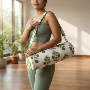 White Green Quilted Cotton Yoga Mat Bag Handmade Floral Shoulder Sling Carrier Jaipur India