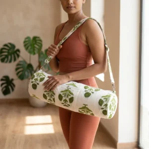 White Green Quilted Cotton Yoga Mat Bag Handmade Floral Shoulder Sling Carrier Jaipur India