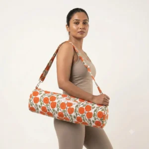 White Orange Quilted Cotton Yoga Mat Bag with floral print, handmade sling shoulder carrier crafted in Jaipur, India