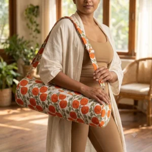 White Orange Quilted Cotton Yoga Mat Bag with floral print, handmade sling shoulder carrier crafted in Jaipur, India
