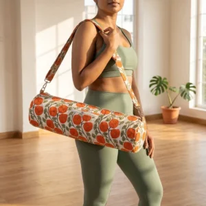 White Orange Quilted Cotton Yoga Mat Bag with floral print, handmade sling shoulder carrier crafted in Jaipur, India
