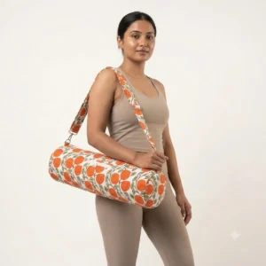 White Orange Quilted Cotton Yoga Mat Bag with floral print, handmade sling shoulder carrier crafted in Jaipur, India