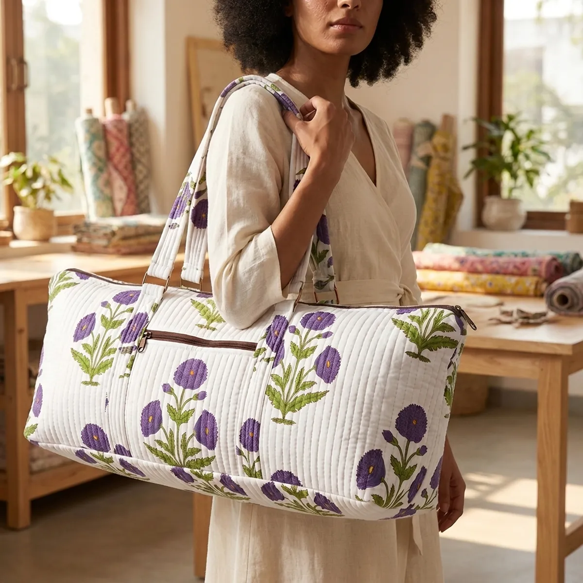 White Purple Floral Yoga Bag
