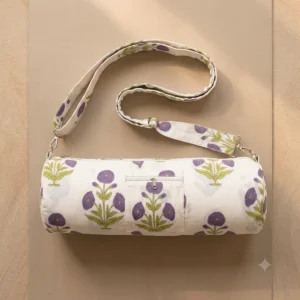 White Purple Quilted Cotton Yoga Mat Bag Handmade Floral Sling Carrier for Standard Yoga Mats