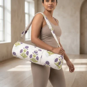 White Purple Quilted Cotton Yoga Mat Bag Handmade Floral Sling Carrier for Standard Yoga Mats