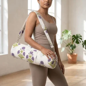 White Purple Quilted Cotton Yoga Mat Bag Handmade Floral Sling Carrier for Standard Yoga Mats