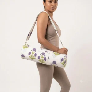 White Purple Quilted Cotton Yoga Mat Bag Handmade Floral Sling Carrier for Standard Yoga Mats