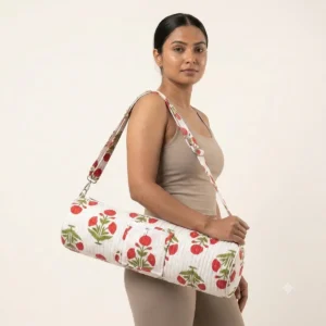 Red Poppy Quilted Cotton Yoga Mat Bag Handmade Yoga Carrier with Floral Print Shoulder Sling