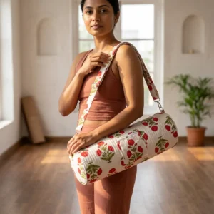 Red Poppy Quilted Cotton Yoga Mat Bag Handmade Yoga Carrier with Floral Print Shoulder Sling