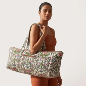 White Floral Quilted Cotton Yoga Mat Bag Handmade Cotton Yoga Mat Carrier Jaipur India