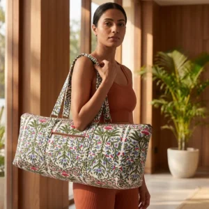 White Floral Quilted Cotton Yoga Mat Bag Handmade Cotton Yoga Mat Carrier Jaipur India
