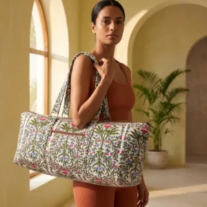 White Floral Quilted Cotton Yoga Mat Bag Handmade Cotton Yoga Mat Carrier Jaipur India