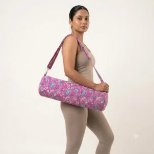 Pink Blue Quilted Cotton Yoga Mat Bag Handmade Floral Shoulder Sling Carrier for Standard Yoga Mats