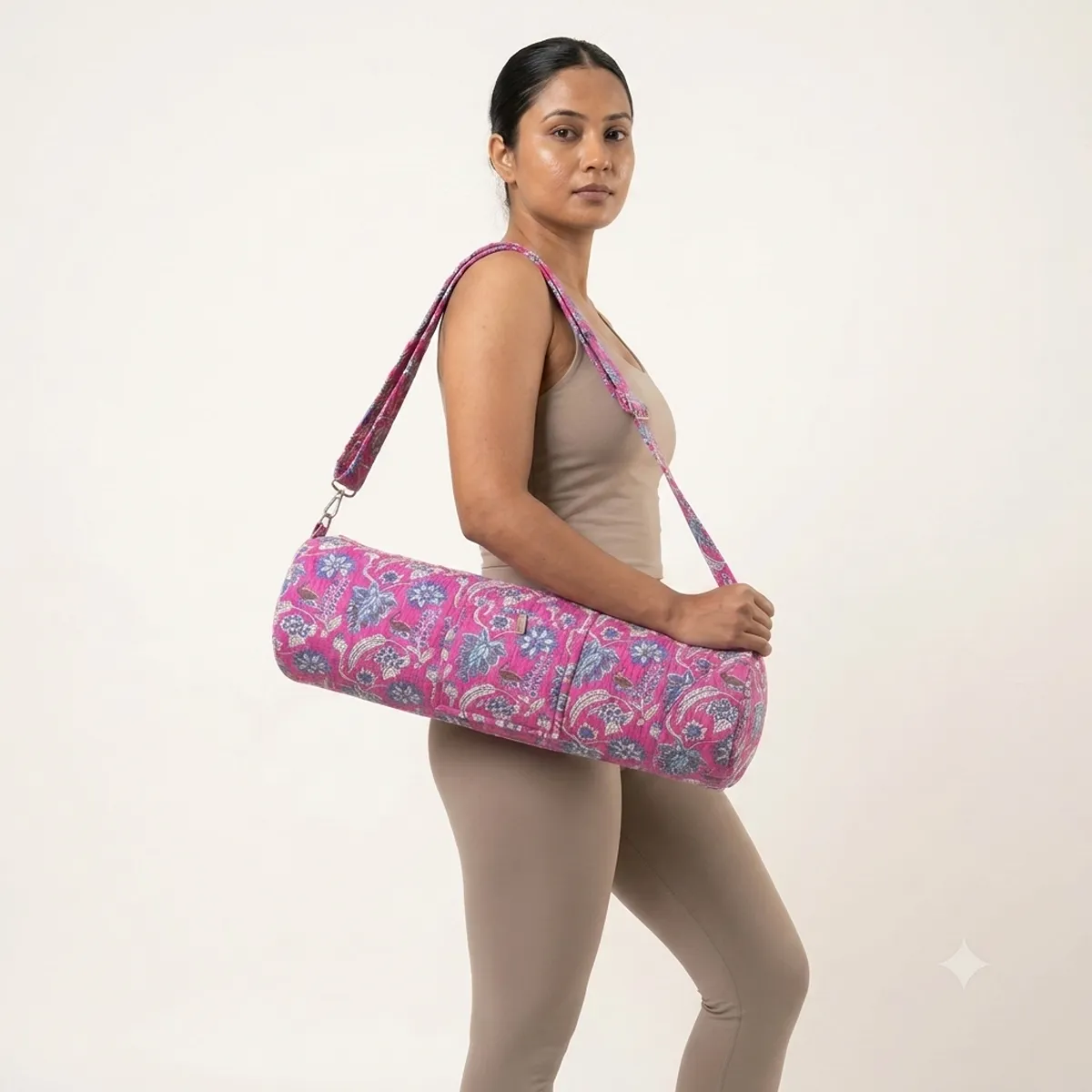 Pink Blue Quilted Cotton Yoga Mat Bag Handmade Floral Shoulder Sling Carrier for Standard Yoga Mats