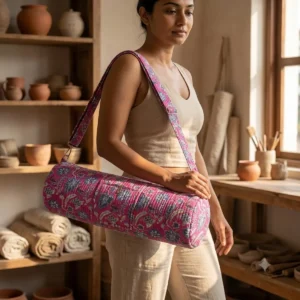 Pink Blue Quilted Cotton Yoga Mat Bag Handmade Floral Shoulder Sling Carrier for Standard Yoga Mats