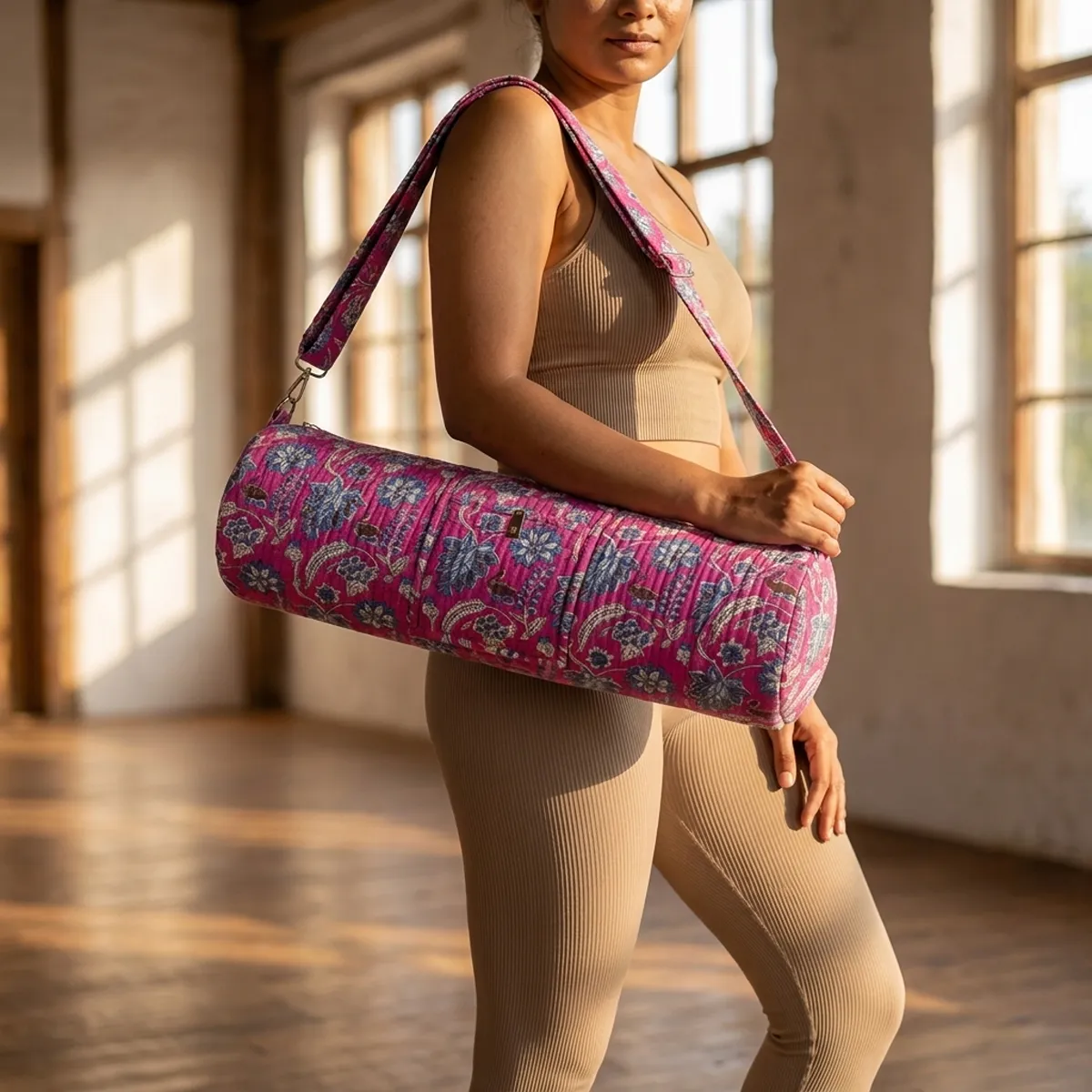 Pink Blue Quilted Cotton Yoga Mat Bag Handmade Floral Shoulder Sling Carrier for Standard Yoga Mats