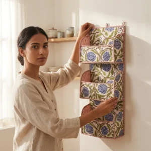 Blue Marigold Floral Fabric Mail Sorter Caddy