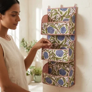 Blue Marigold Quilted Cotton Wall Organizer 3 Pocket Hanging Storage