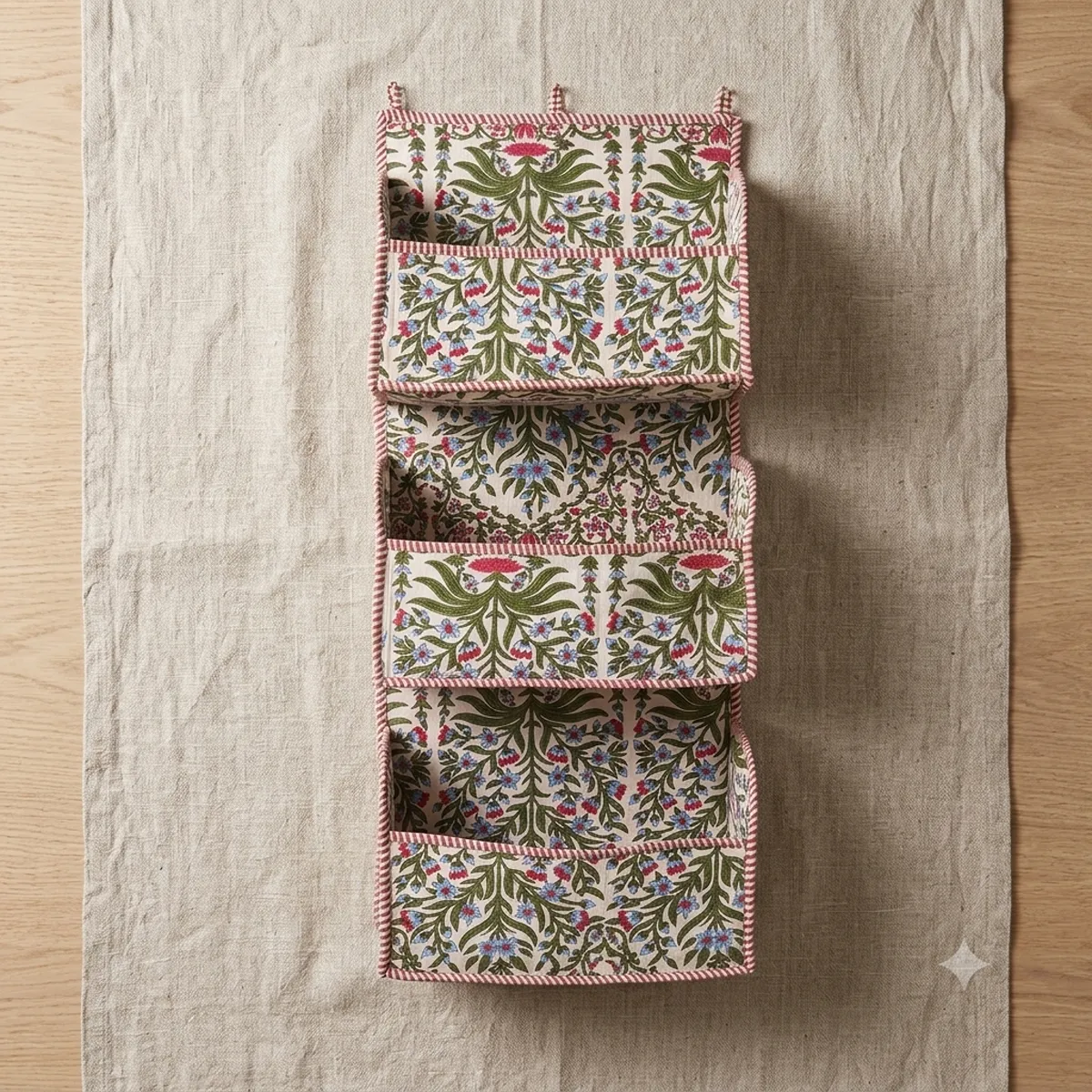 Handmade Green Floral Cotton Wall Hanging Organizer with Quilted Multi Pocket Storage