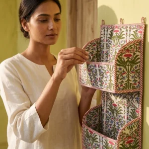 Handmade Green Floral Cotton Wall Hanging Organizer with Quilted Multi Pocket Storage