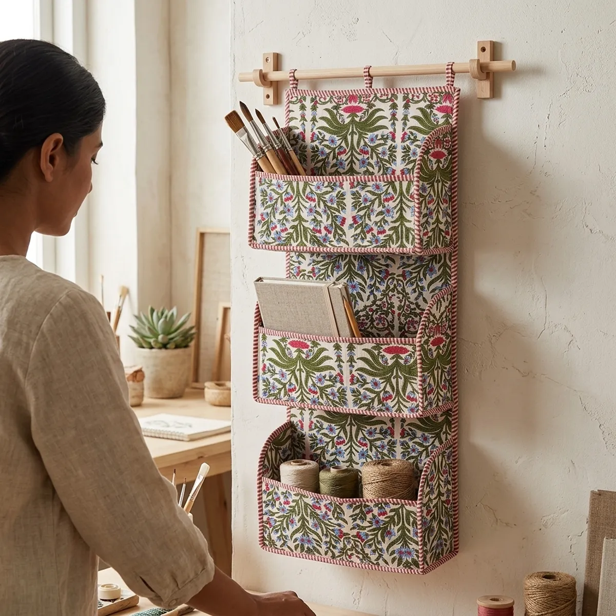 Handmade Green Floral Cotton Wall Hanging Organizer with Quilted Multi Pocket Storage