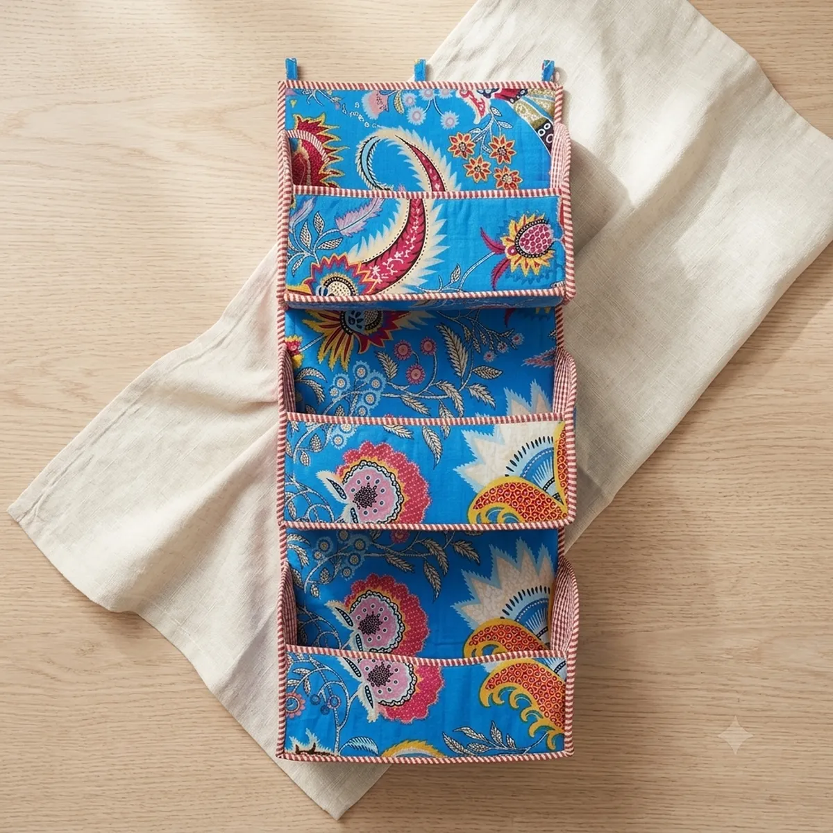 Handmade Sky Blue Paisley Quilted Cotton Hanging Wall Organizer with Multi Pocket Storage for Home