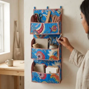 Handmade Sky Blue Paisley Quilted Cotton Hanging Wall Organizer with Multi Pocket Storage for Home