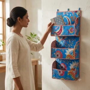 Handmade Sky Blue Paisley Quilted Cotton Hanging Wall Organizer with Multi Pocket Storage for Home