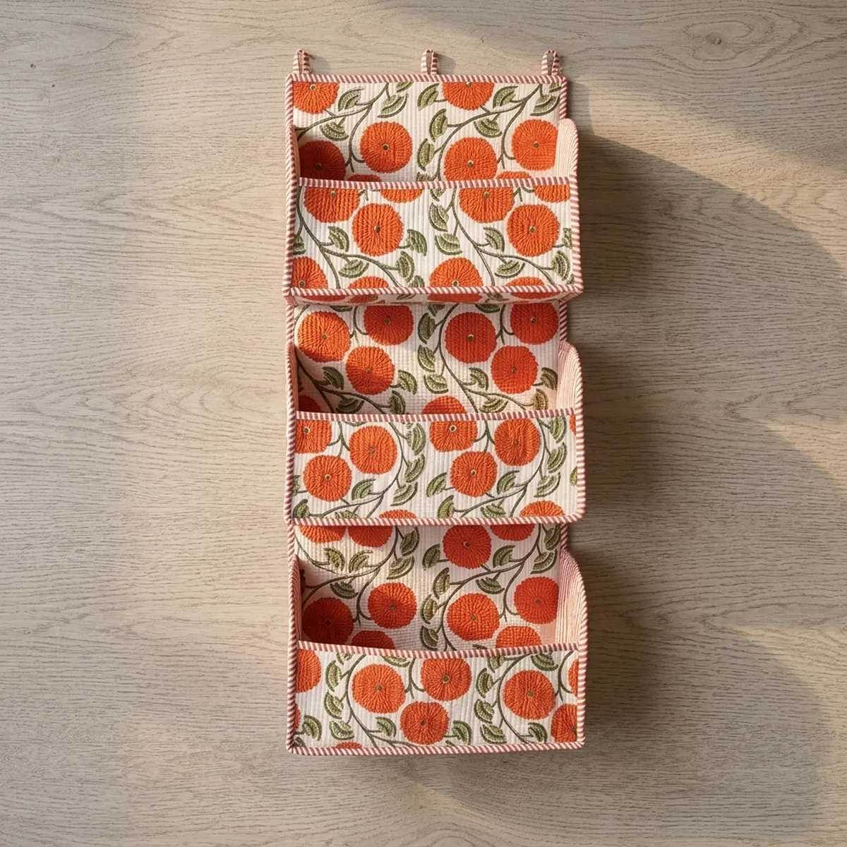 Handmade Green Floral Quilted Cotton Hanging Wall Organizer with Multi Pocket Storage for Home