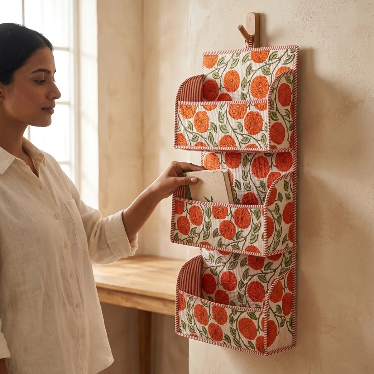Handmade Green Floral Quilted Cotton Hanging Wall Organizer with Multi Pocket Storage for Home