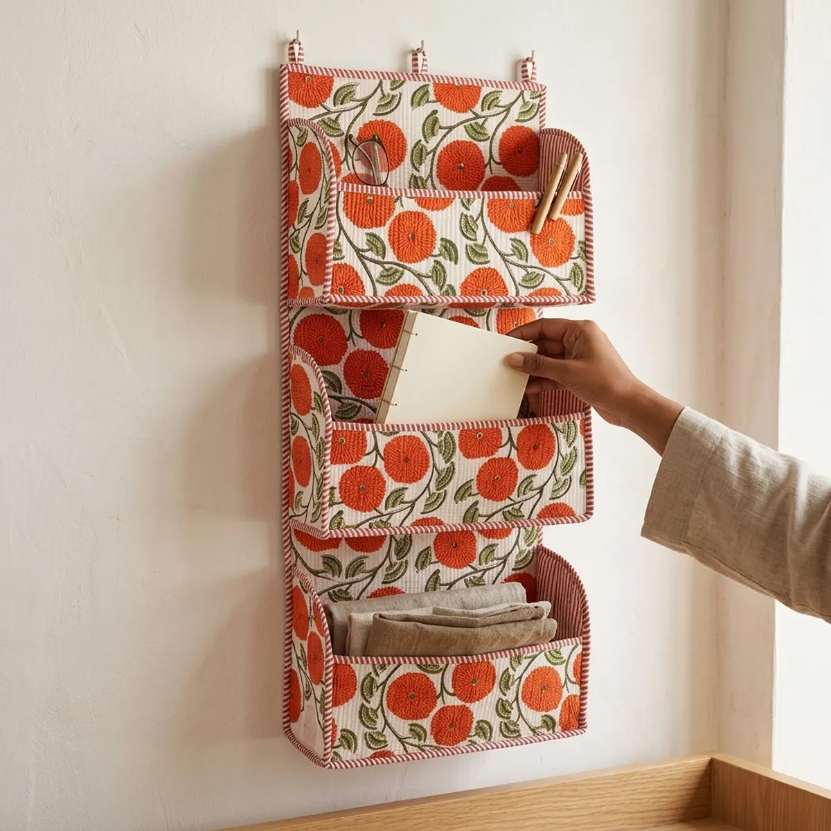 Handmade Green Floral Quilted Cotton Hanging Wall Organizer with Multi Pocket Storage for Home