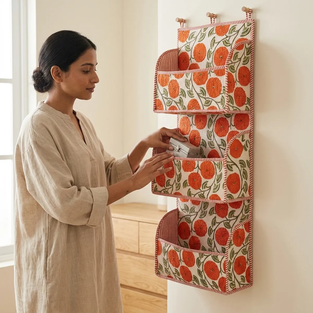 Handmade Green Floral Quilted Cotton Hanging Wall Organizer with Multi Pocket Storage for Home