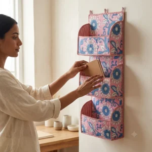 Handmade cotton hanging wall organizer with pink blue floral print and three tiered storage pockets