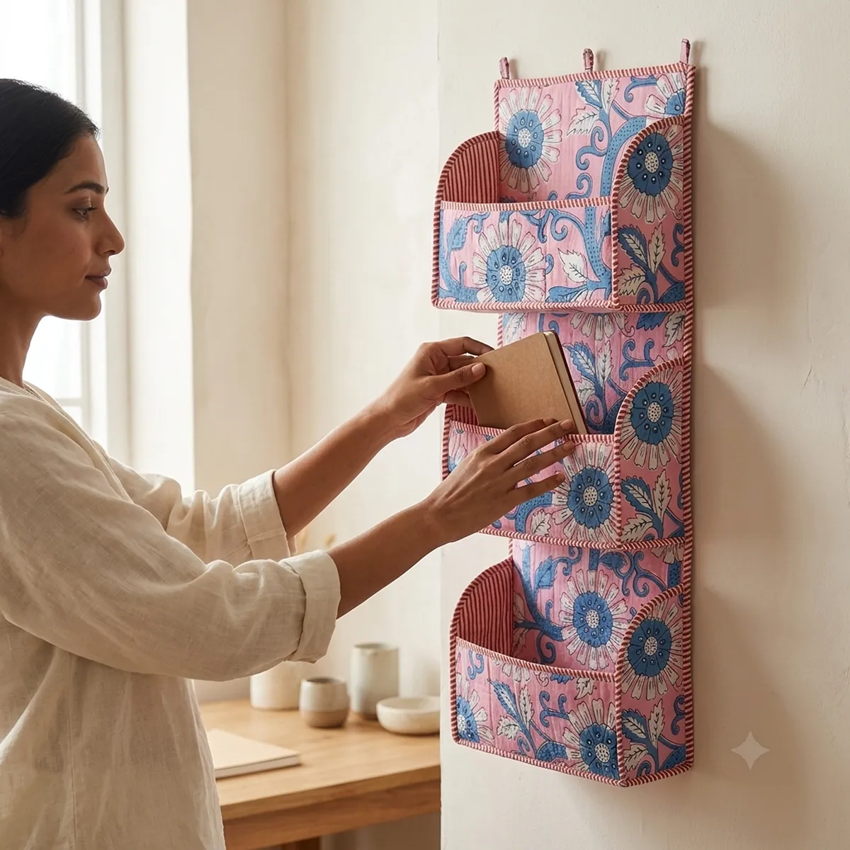 Handmade cotton hanging wall organizer with pink blue floral print and three tiered storage pockets