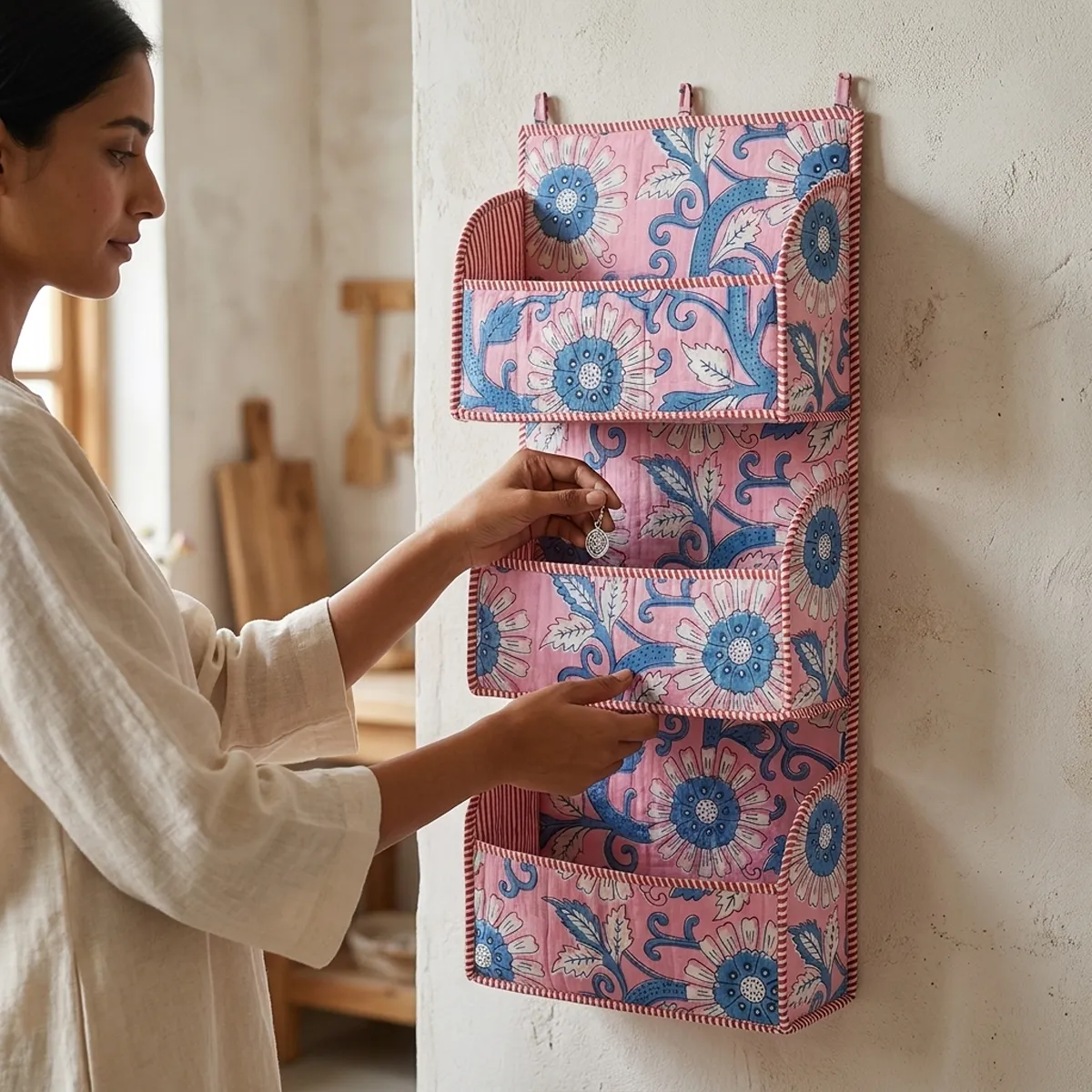 Handmade cotton hanging wall organizer with pink blue floral print and three tiered storage pockets