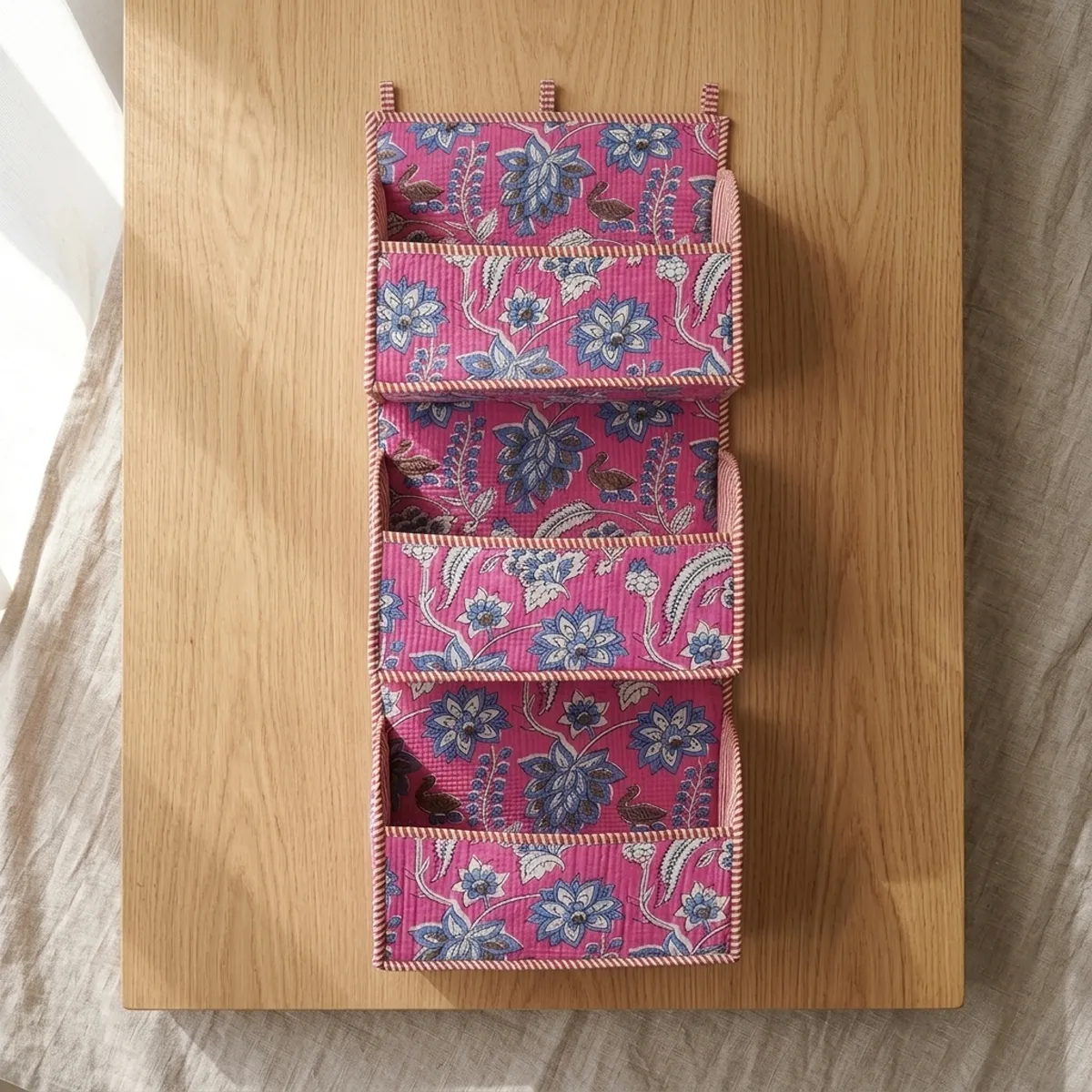 Quilted Cotton Wall Organizer Pink Blue Floral Hanging Storage Pocket