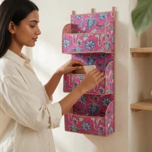 Quilted Cotton Wall Organizer Pink Blue Floral Hanging Storage Pocket
