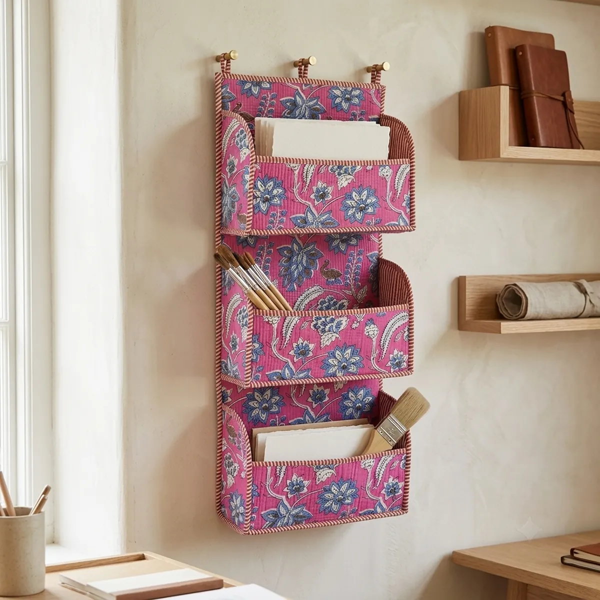 Quilted Cotton Wall Organizer Pink Blue Floral Hanging Storage Pocket