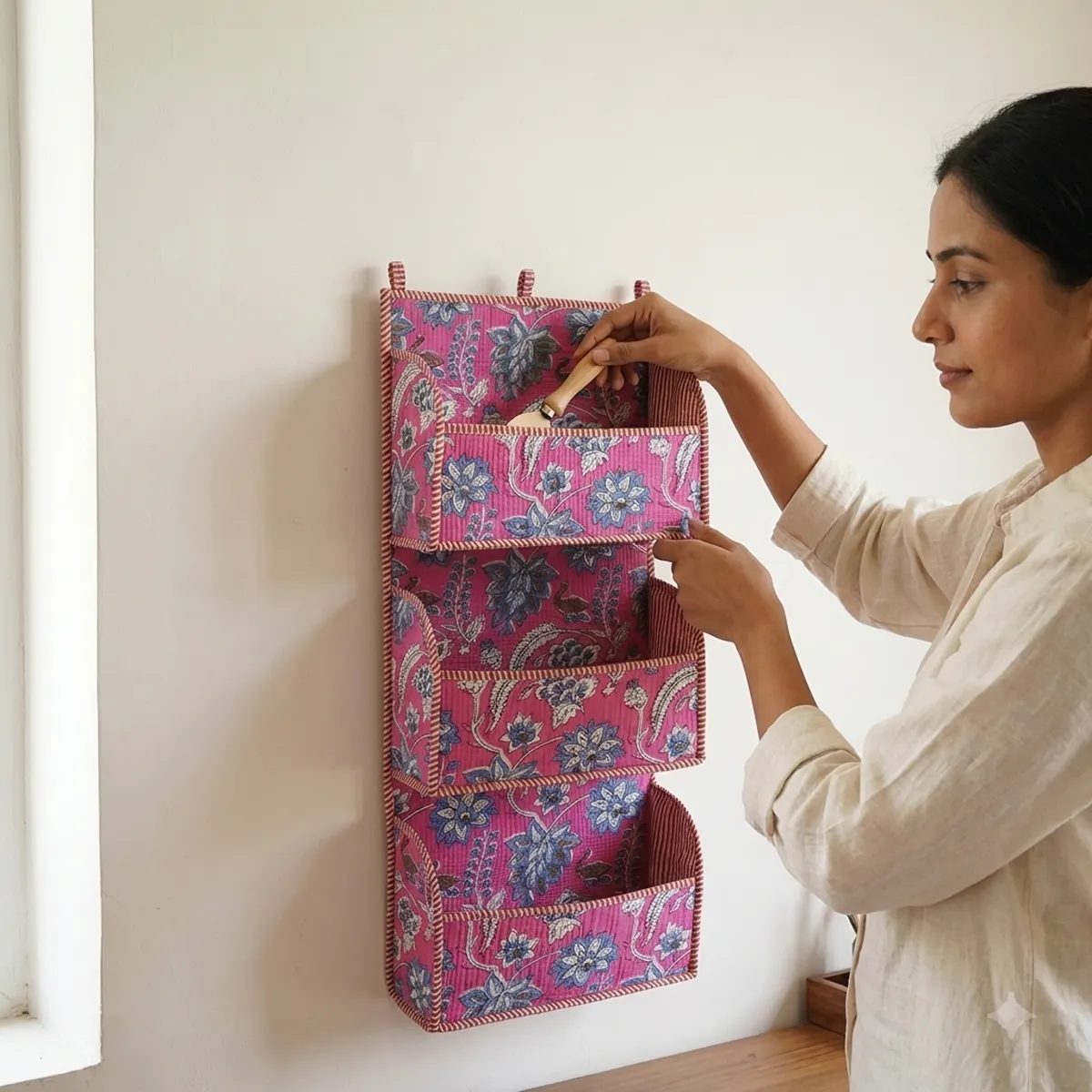 Quilted Cotton Wall Organizer Pink Blue Floral Hanging Storage Pocket