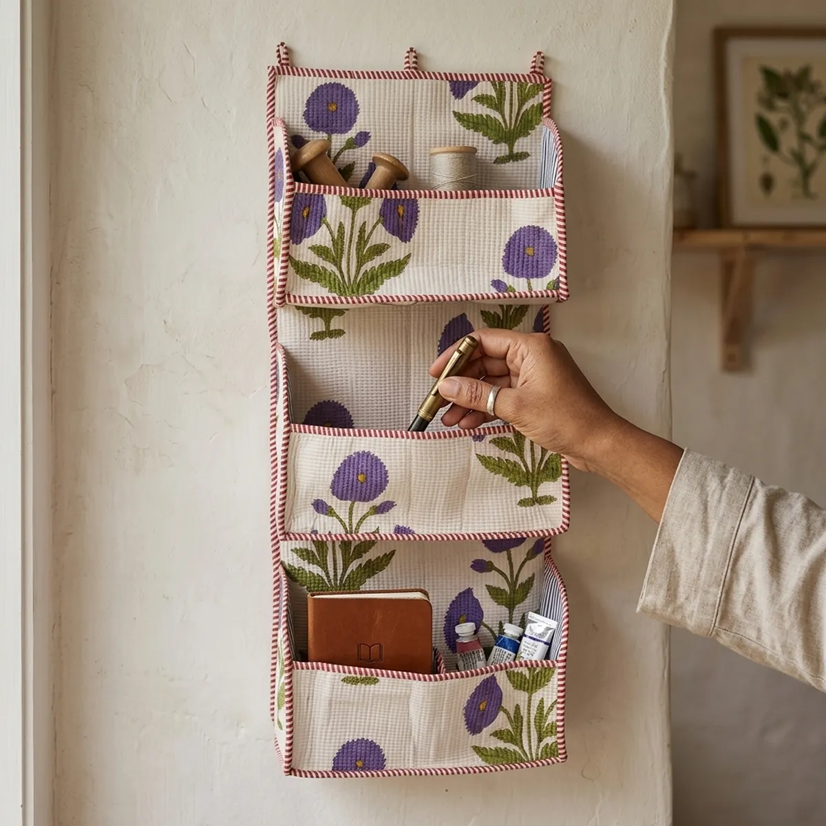 Handmade Purple Floral Quilted Cotton Wall Organizer