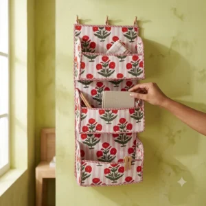Handmade Red Floral Stripe Quilted Cotton Wall Organizer