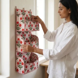 Red Floral Stripe Quilted Cotton Wall Organizer 3 Pocket Hanging Storage
