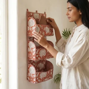 Rust Red Floral Fabric Mail Sorter Caddy