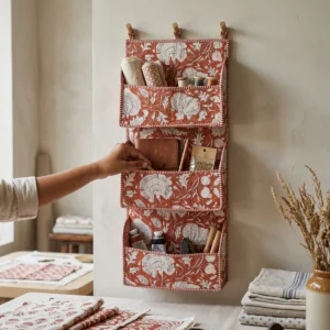 Handmade Rust Red Quilted Cotton Wall Organizer