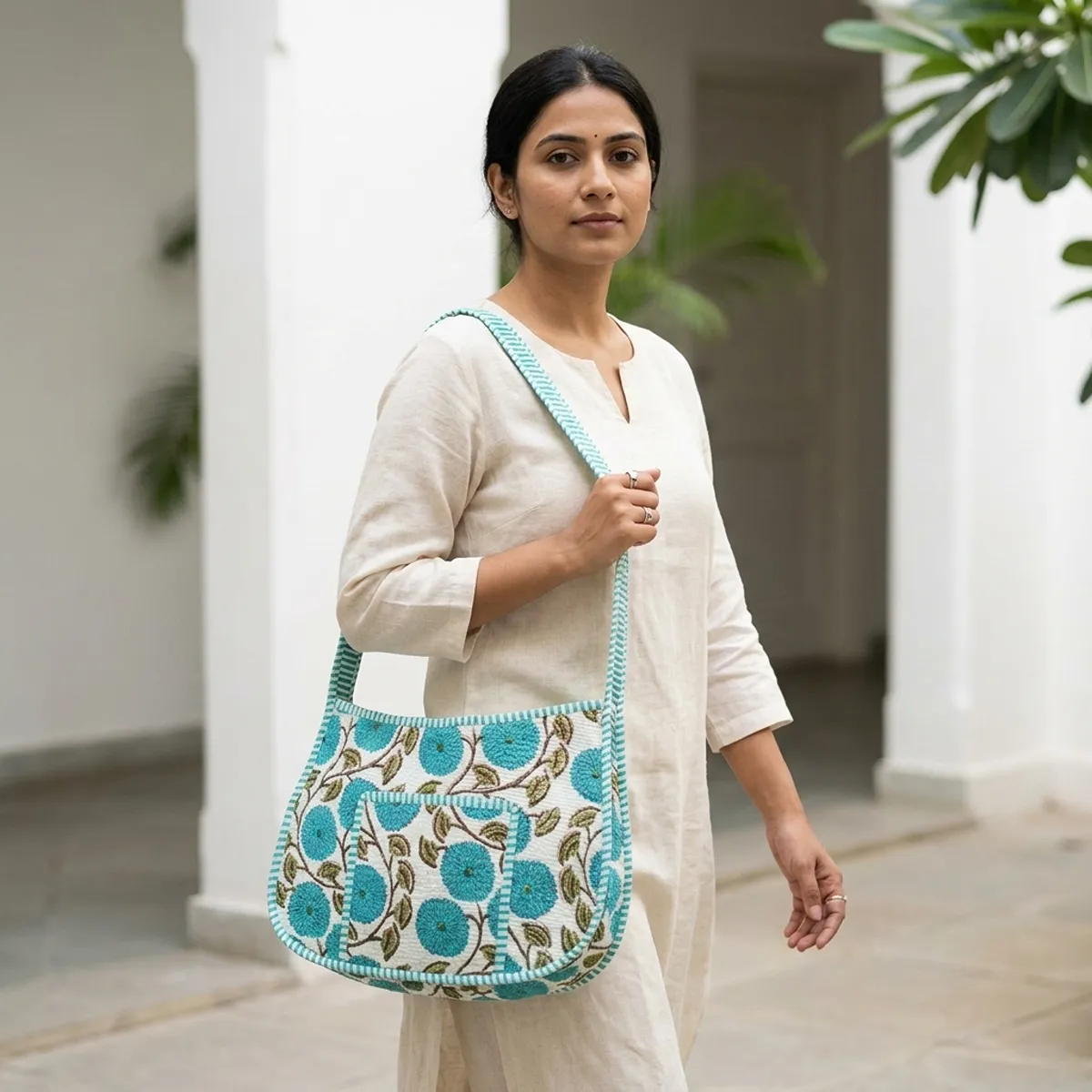Handmade quilted cotton shoulder bag with turquoise floral botanical print