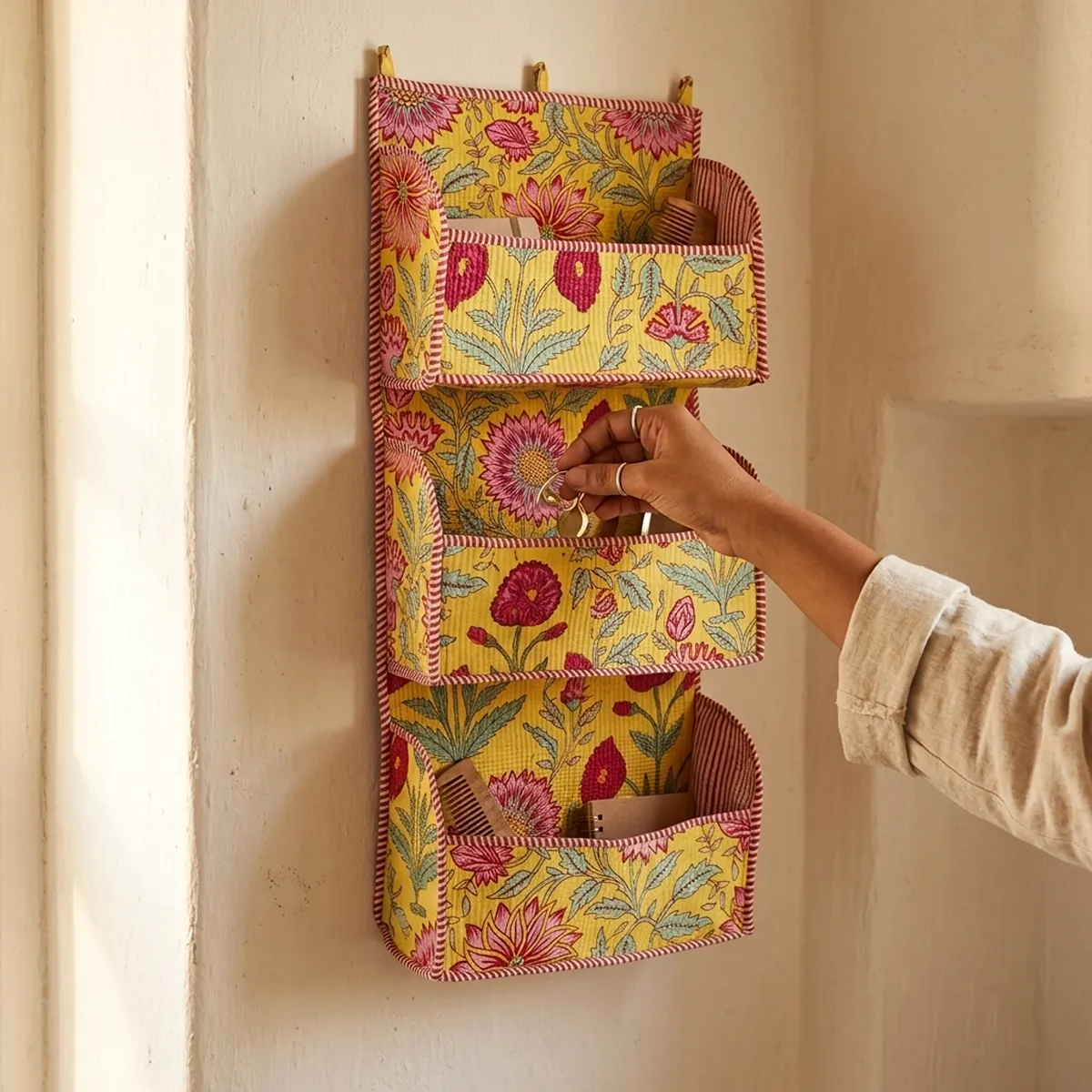 Handmade Yellow Floral Quilted Cotton Wall Organizer