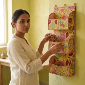 Yellow Floral Quilted Cotton Wall Organizer 3 Pocket Hanging Storage