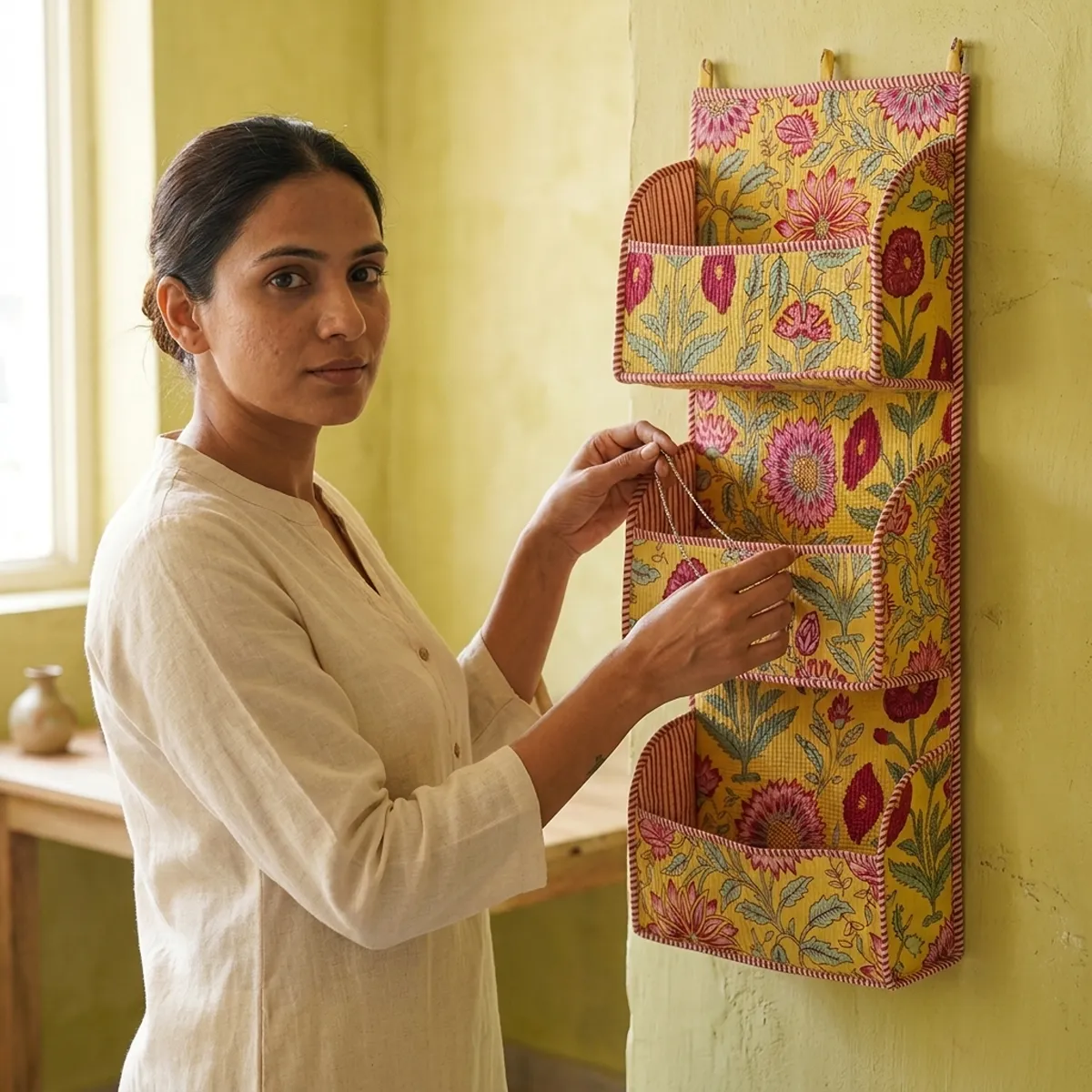 Yellow Floral Quilted Cotton Wall Organizer 3 Pocket Hanging Storage